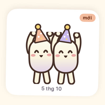 Một sticker: hai bạn đậu đội mũ tiệc.